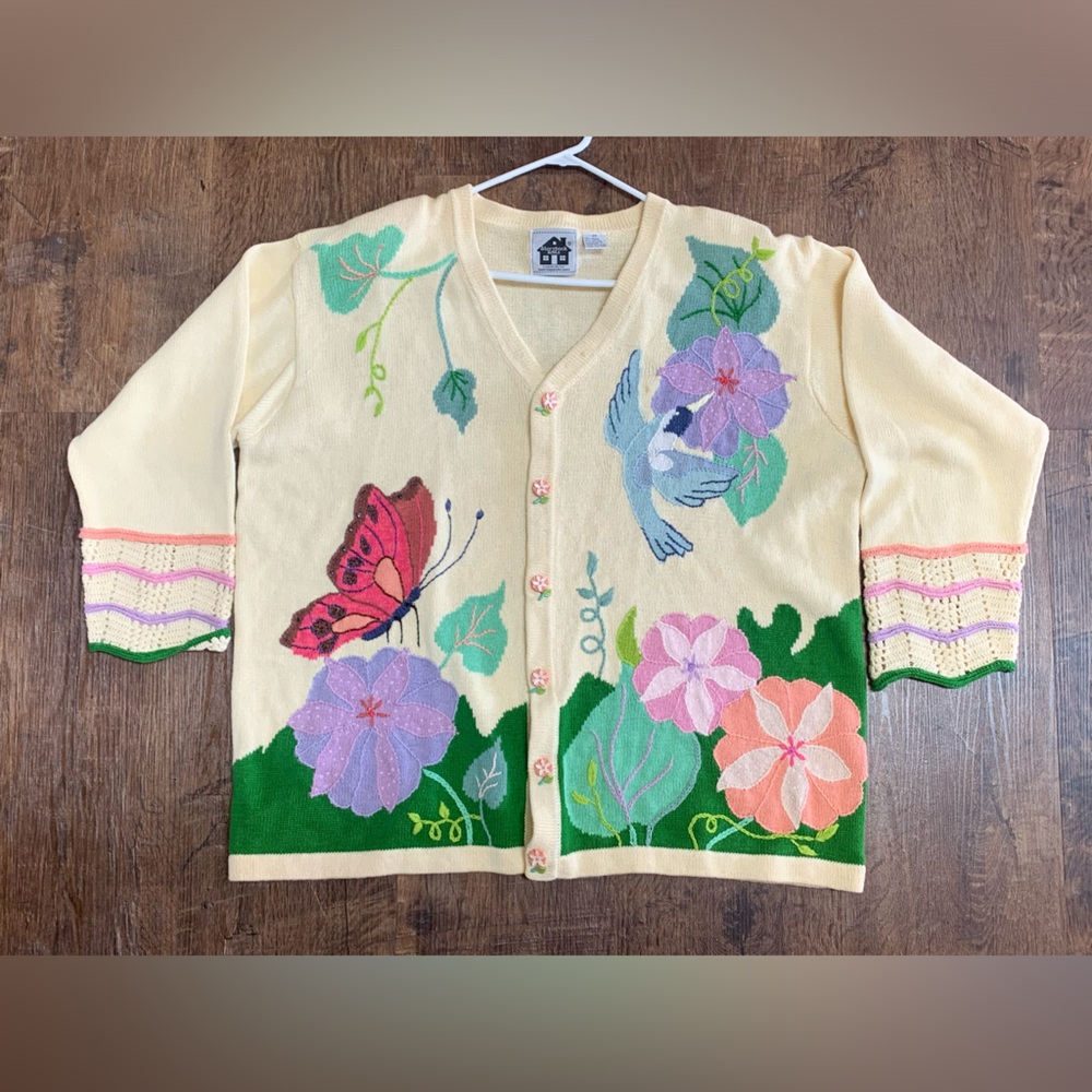 Storybook Knits Cardigan Sweater Womens 2X Garden Glower Hummingbird & Butterfly